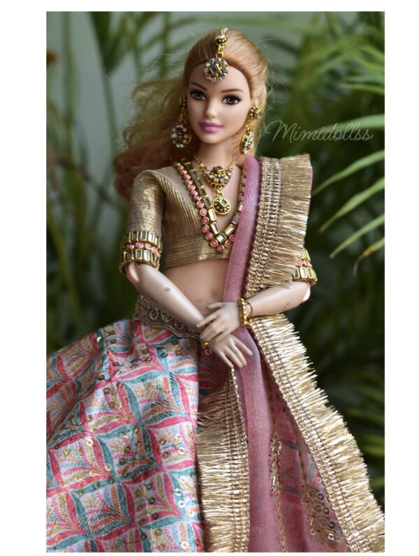 Embroidered bridal lehenga with accessories for curvy Barbie doll
