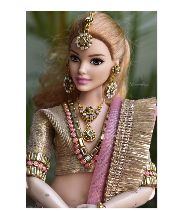 Embroidered bridal lehenga with accessories for curvy Barbie doll