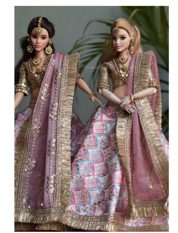 Embroidered bridal lehenga with accessories for curvy Barbie doll