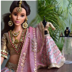 Embroidered bridal lehenga with accessories for curvy Barbie doll