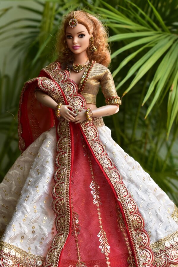 White and red Gujarati Indian bridal lehenga for curvy Barbie doll