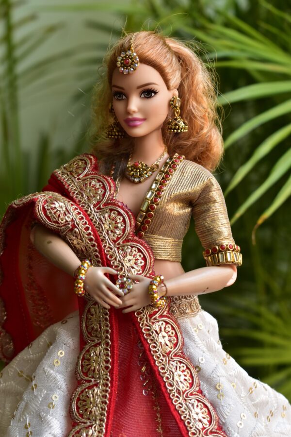White and red Gujarati Indian bridal lehenga for curvy Barbie doll