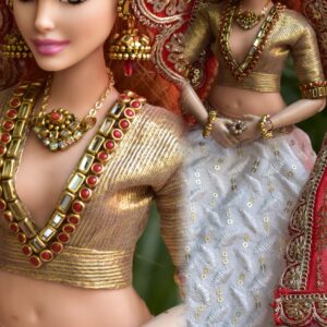 White and red Gujarati Indian bridal lehenga for curvy Barbie doll