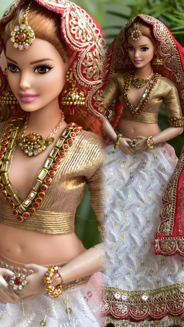 White and red Gujarati Indian bridal lehenga for curvy Barbie doll