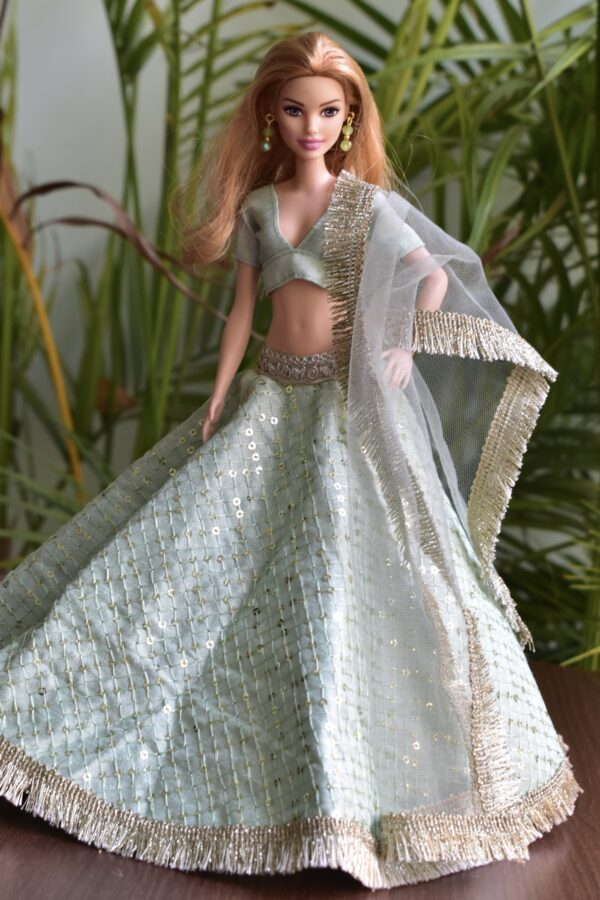 Embroidered mint lehenga for Barbie doll