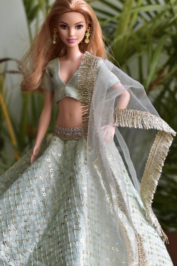 Embroidered mint lehenga for Barbie doll