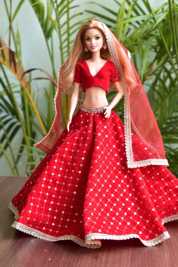 Red embroidered lehenga for Barbie doll