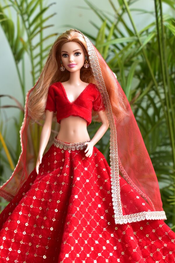 Red embroidered lehenga for Barbie doll