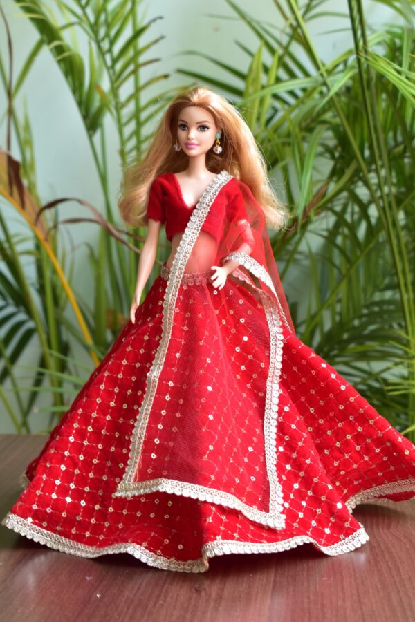 Red embroidered lehenga for Barbie doll