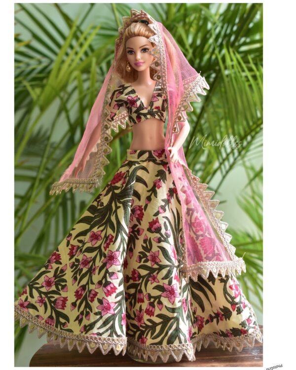 Cotton floral Indian lehenga for Barbie doll