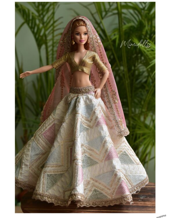 Embroidered Indian bridal lehenga for Barbie doll