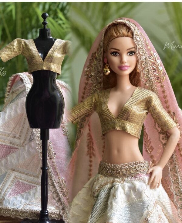 Embroidered Indian bridal lehenga for Barbie doll