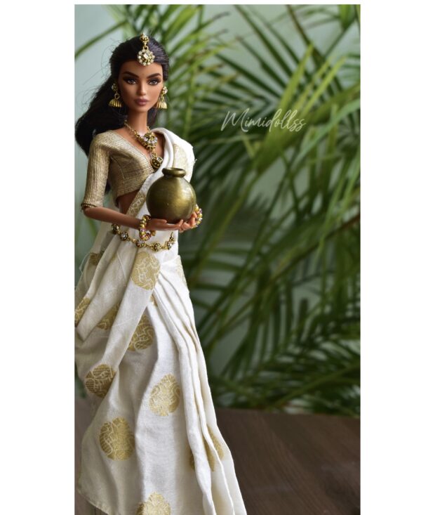 White and gold Indian bridal saree for Barbie doll