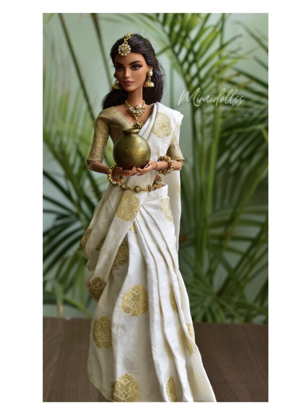 White and gold Indian bridal saree for Barbie doll