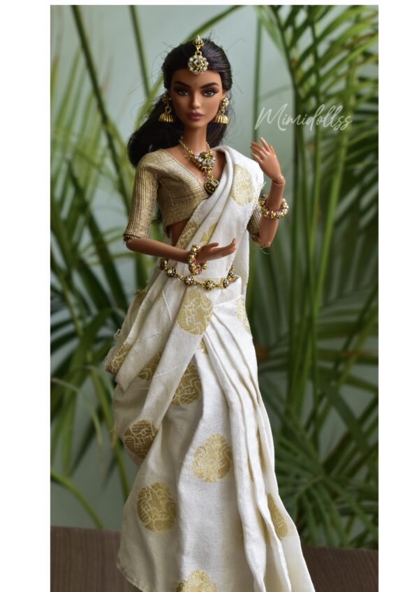White and gold Indian bridal saree for Barbie doll