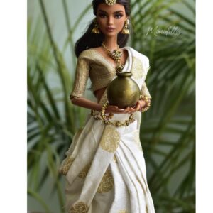 White and gold Indian bridal saree for Barbie doll