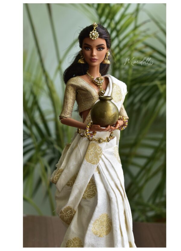 White and gold Indian bridal saree for Barbie doll