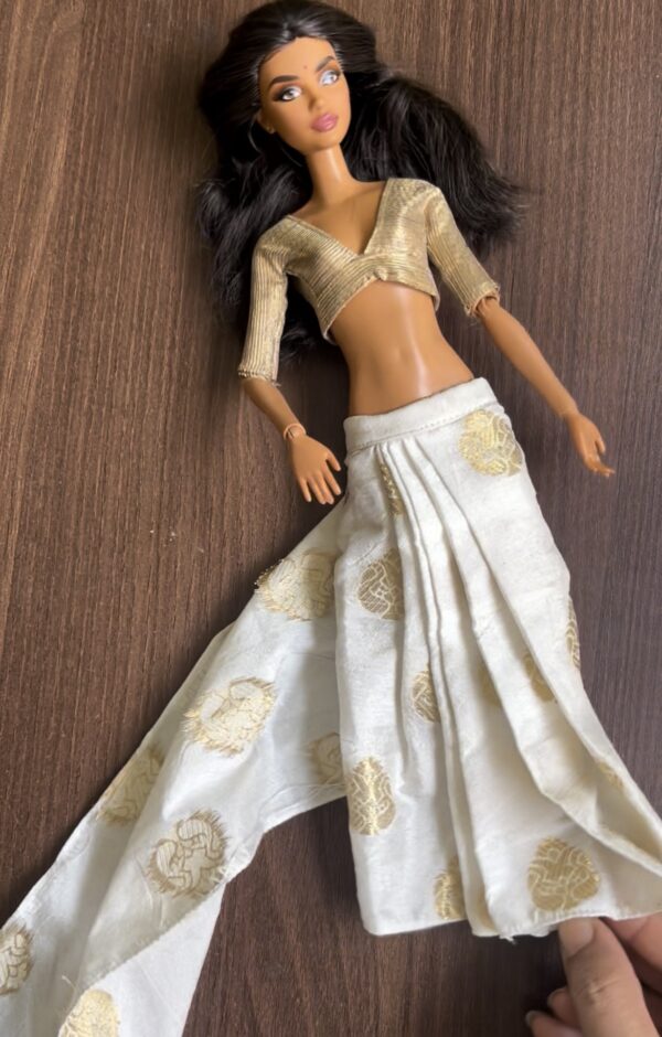 White and gold Indian bridal saree for Barbie doll