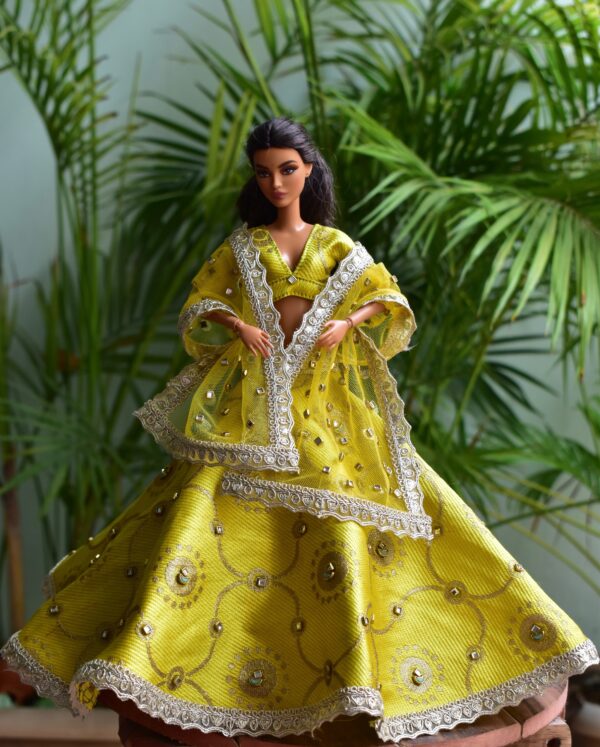 Embellished yellow gold bridal lehenga for Barbie doll
