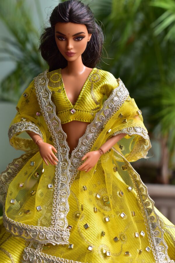 Embellished yellow gold bridal lehenga for Barbie doll