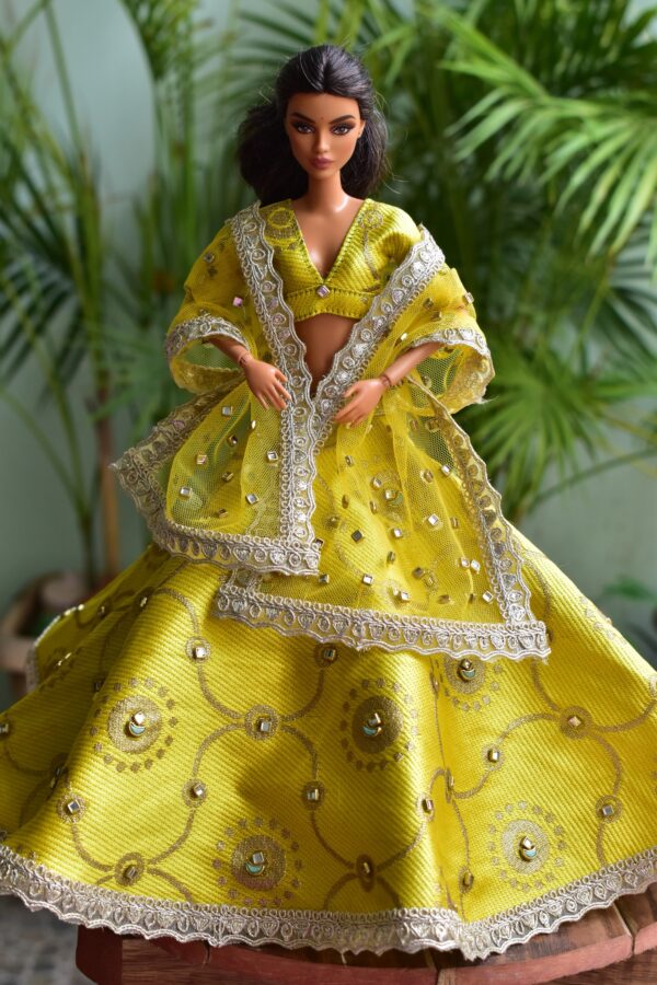Embellished yellow gold bridal lehenga for Barbie doll