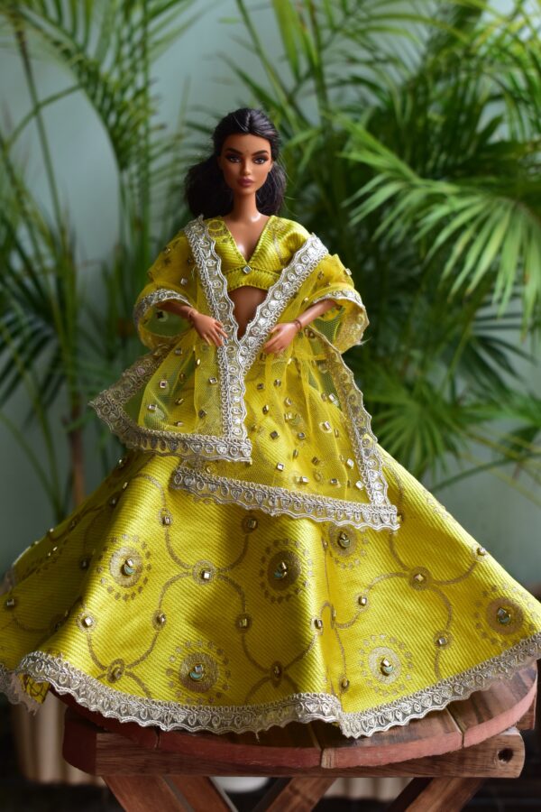 Embellished yellow gold bridal lehenga for Barbie doll