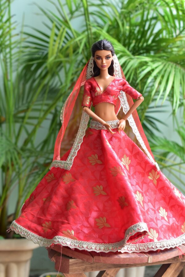 Red and gold festive lehenga for Barbie doll