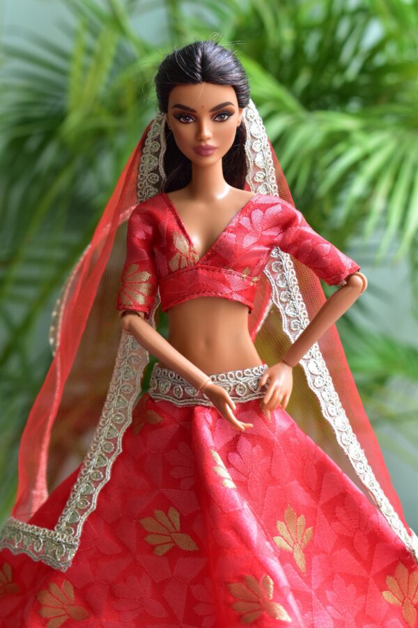 Red and gold festive lehenga for Barbie doll