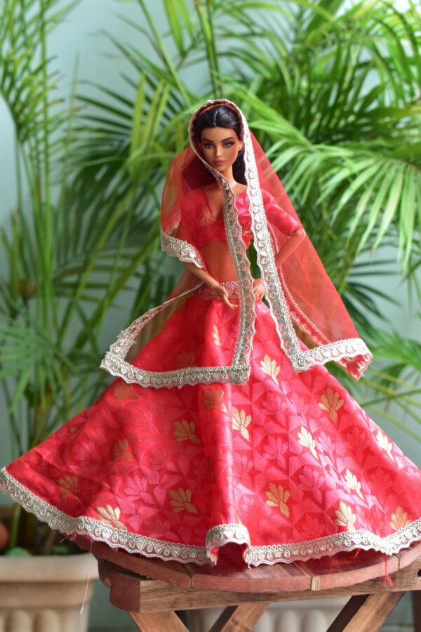 Red and gold festive lehenga for Barbie doll