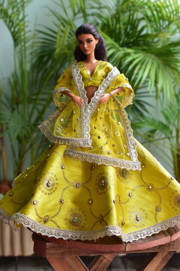 Embellished yellow gold bridal lehenga for Barbie doll