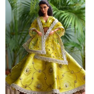 Embellished yellow gold bridal lehenga for Barbie doll