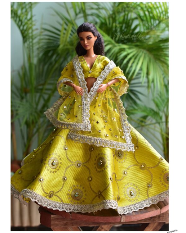 Embellished yellow gold bridal lehenga for Barbie doll