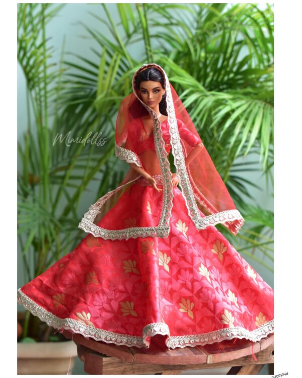 Red and gold festive lehenga for Barbie doll