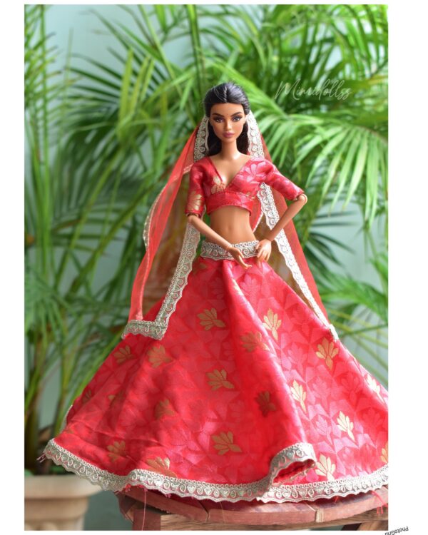 Red and gold festive lehenga for Barbie doll