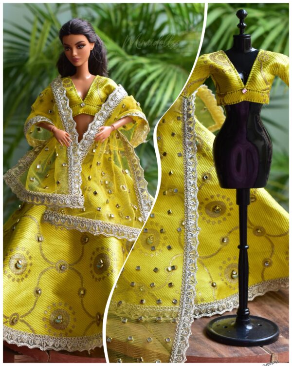 Embellished yellow gold bridal lehenga for Barbie doll