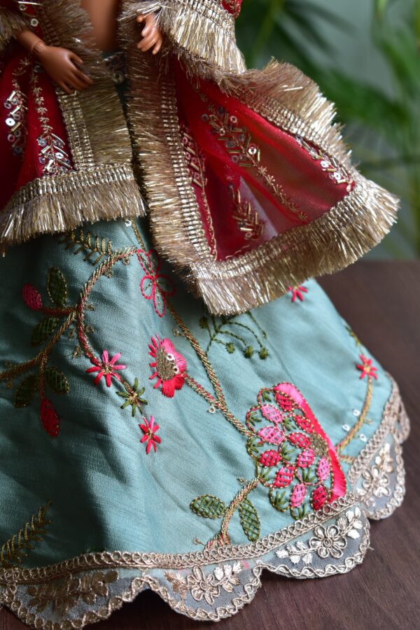 Embroidered teal and red bridal lehenga for Barbie doll