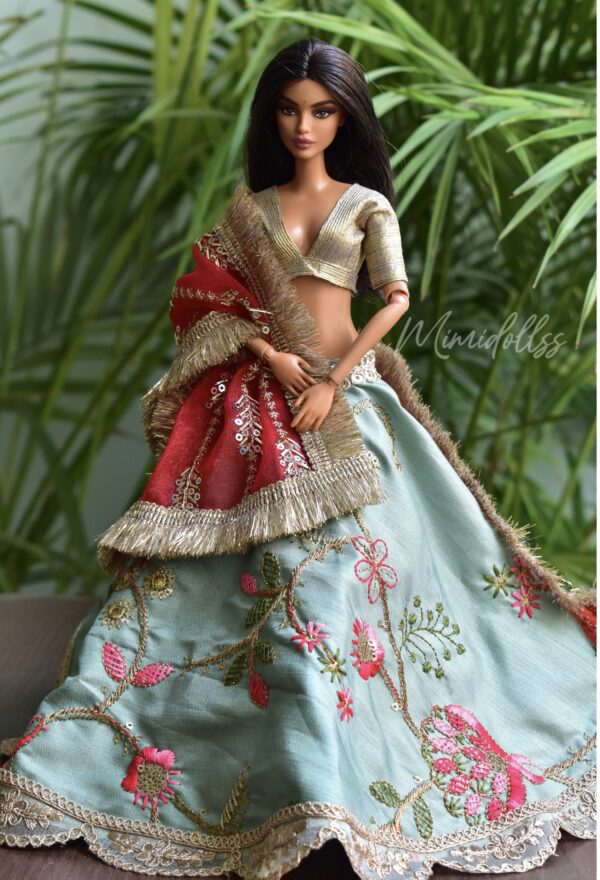 Embroidered teal and red bridal lehenga for Barbie doll
