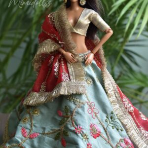 Embroidered teal and red bridal lehenga for Barbie doll