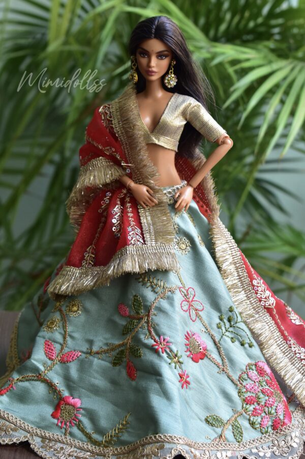 Embroidered teal and red bridal lehenga for Barbie doll