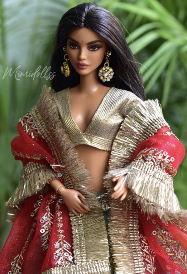 Embroidered teal and red bridal lehenga for Barbie doll