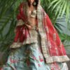 Embroidered teal and red bridal lehenga for Barbie doll
