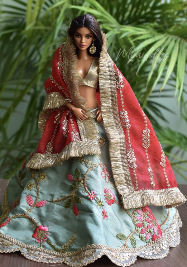 Embroidered teal and red bridal lehenga for Barbie doll