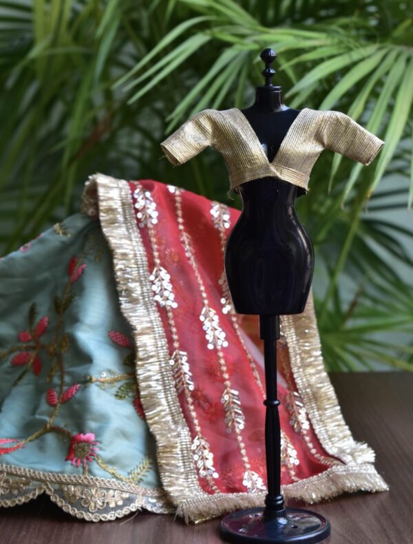 Embroidered teal and red bridal lehenga for Barbie doll