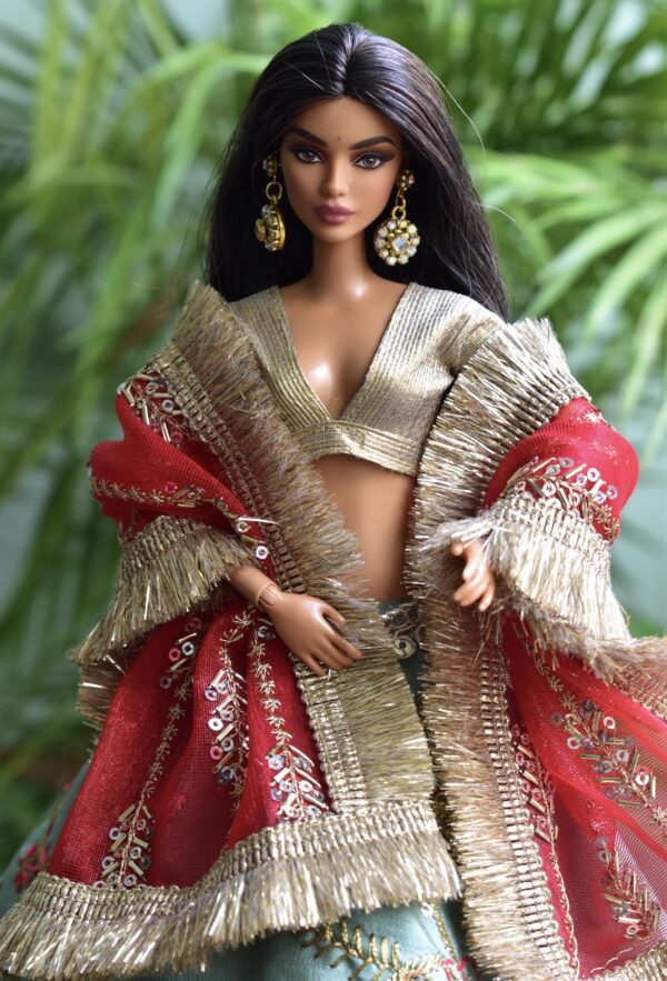 Embroidered teal and red bridal lehenga for Barbie doll