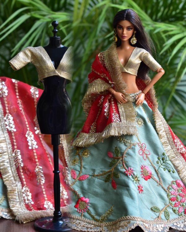 Embroidered teal and red bridal lehenga for Barbie doll