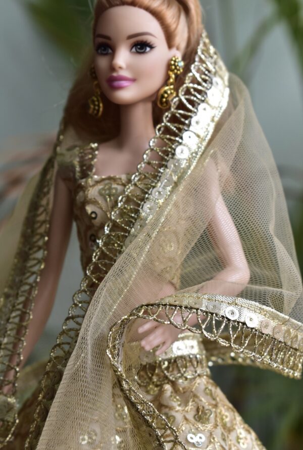 Embroidered gold lehenga for Barbie doll