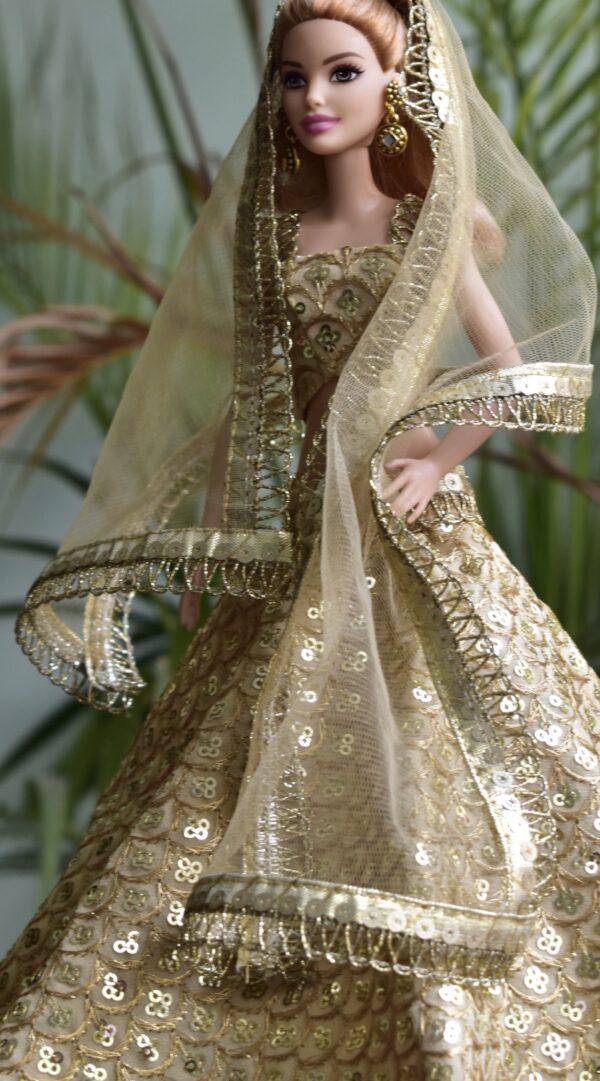 Embroidered gold lehenga for Barbie doll