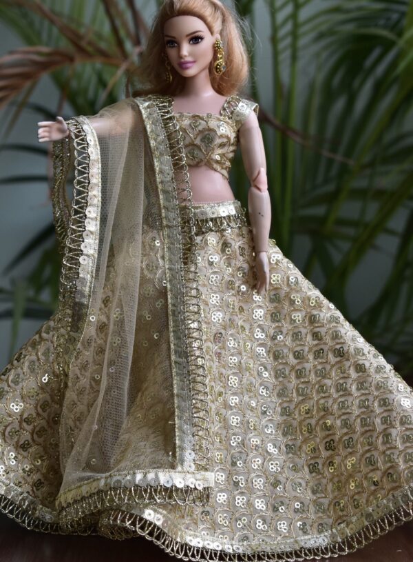 Embroidered gold festive lehenga for curvy Barbie doll
