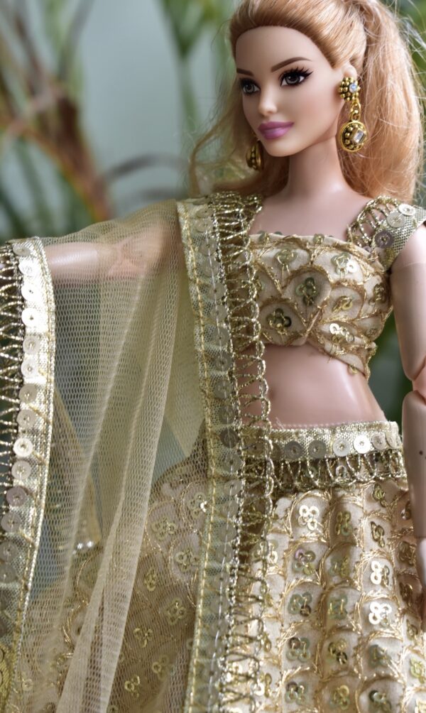 Embroidered gold festive lehenga for curvy Barbie doll