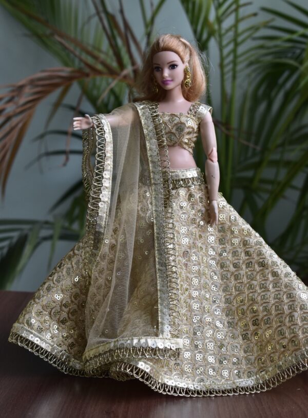 Embroidered gold festive lehenga for curvy Barbie doll